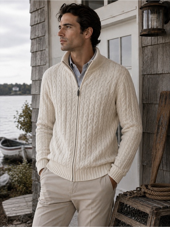 Production Rivelli Other - Italian Yarn Cable Knit Full Zip Mock Neck Wool Blend Sweater L Old Money Cabine